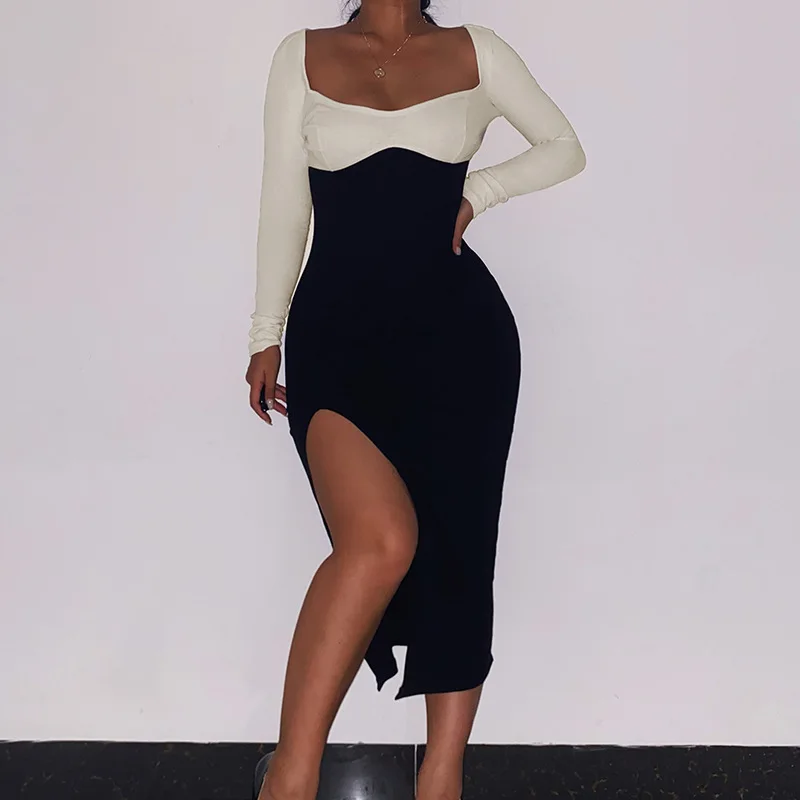 

2022 Spring/Summer New Style Temperament Contrast Color Slim Long Sleeves High Waist Slit Dress Women