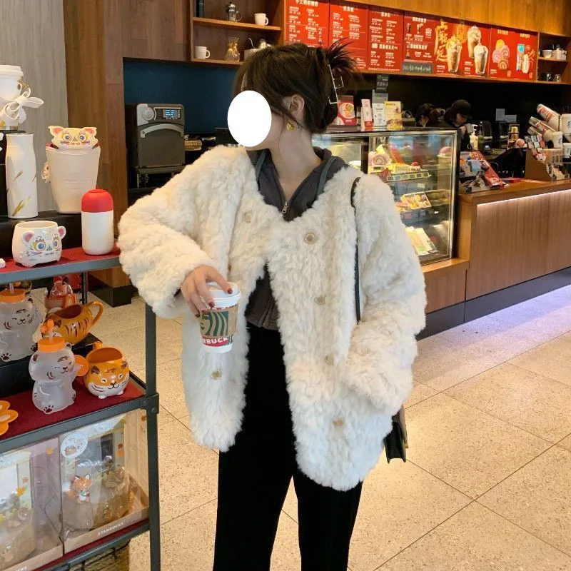 Lamb coat women's winter fragrance loose thickened plush coat cotton-padded jacket