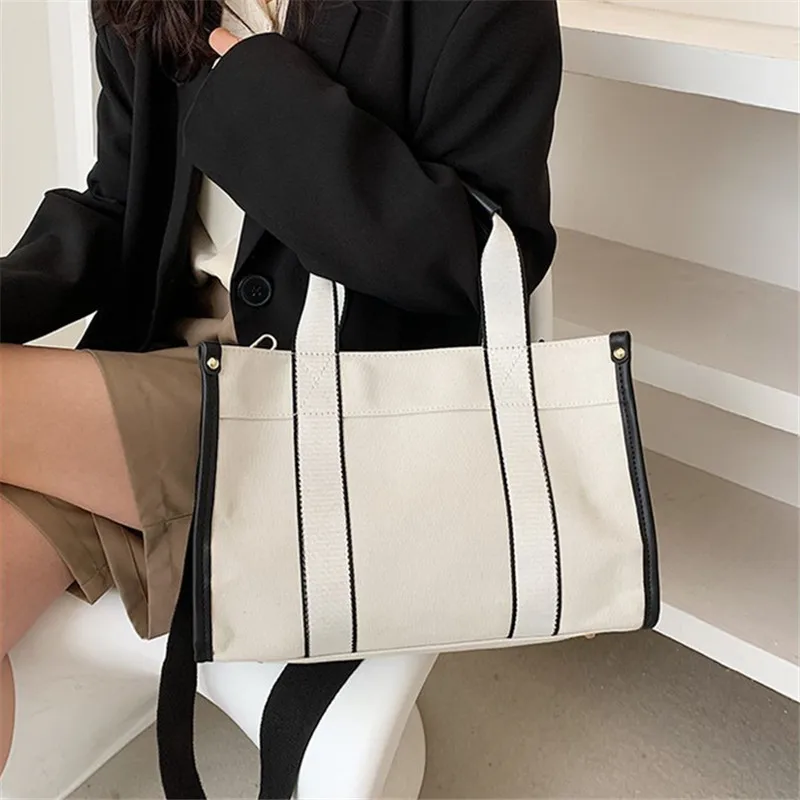 

2022 Fashion Women's Canvas Handbag Shoulder Casual Totes Shopping Bags For Female Leather Patchwork Square Crossbody Handle Bag