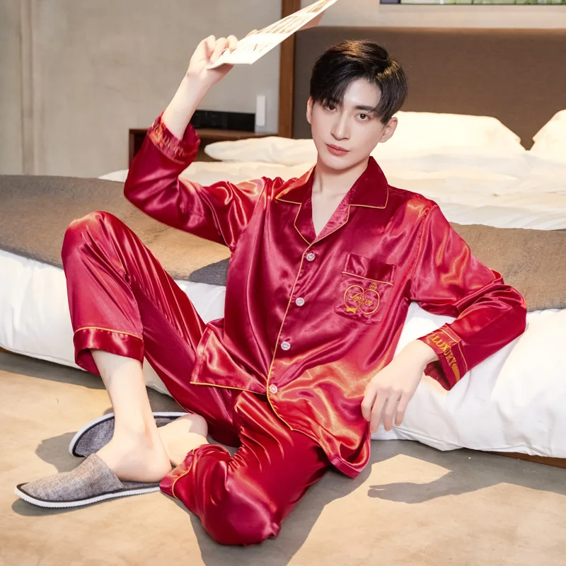 Spring and Summer Silk Couple Nightgown Men's Cardigan Suit Ladies Sexy Nightgown Two-piece Suspender Skirt Thin Bathrobe