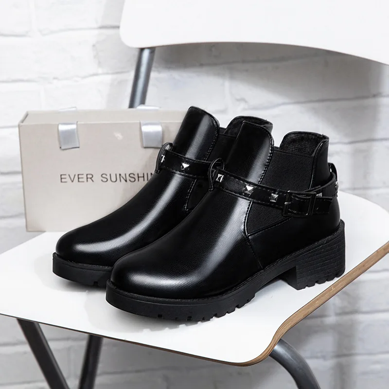 

Women New Boots Autumn Female Casual Woman High Heel Fashion Rivet Round Toe Buckle Strap Comfortable Ankle Shoes