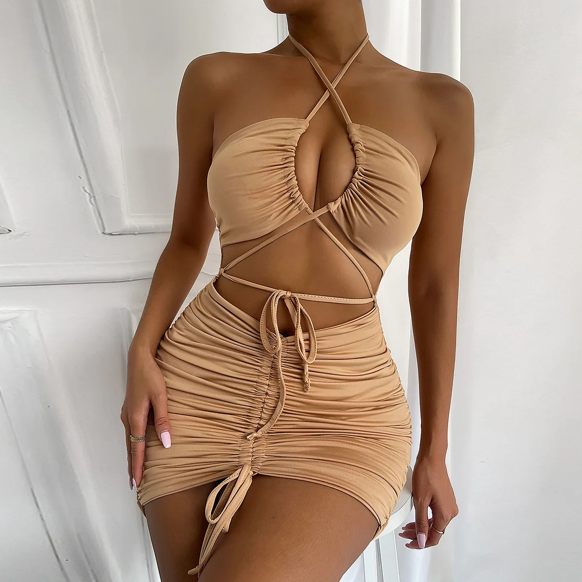 

2023 new cross-border women's slip dress European and American summer sexy openwork strappy pleated hip wrapped dress