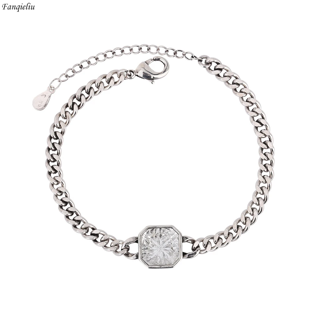 

Fanqieliu 925 Silver Needle Wide O Chain Extended Square Crystal Trendy Jewelry Charms Bracelets For Women New FQL23128