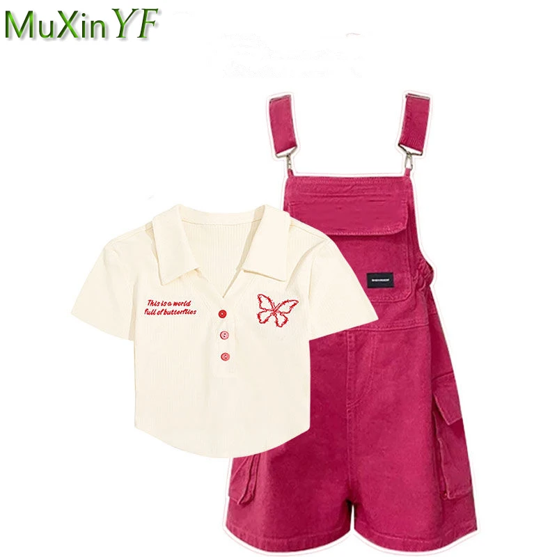 

Women Summer Pink Overalls Fashion Short Slim T Shirts Pants Two Piece Sets 2023 New Lady Butterfly Crop Tops Trousers Outfits