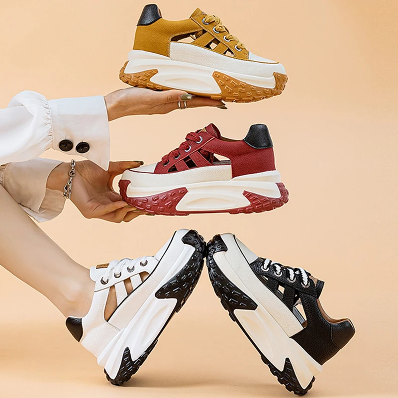 Hollow Chunky Sneakers Fashion 7cm Genuine Leather Women Vulcanize Sandles New Female Summer  Comfy Lace Up Fashion Ladies Shoes