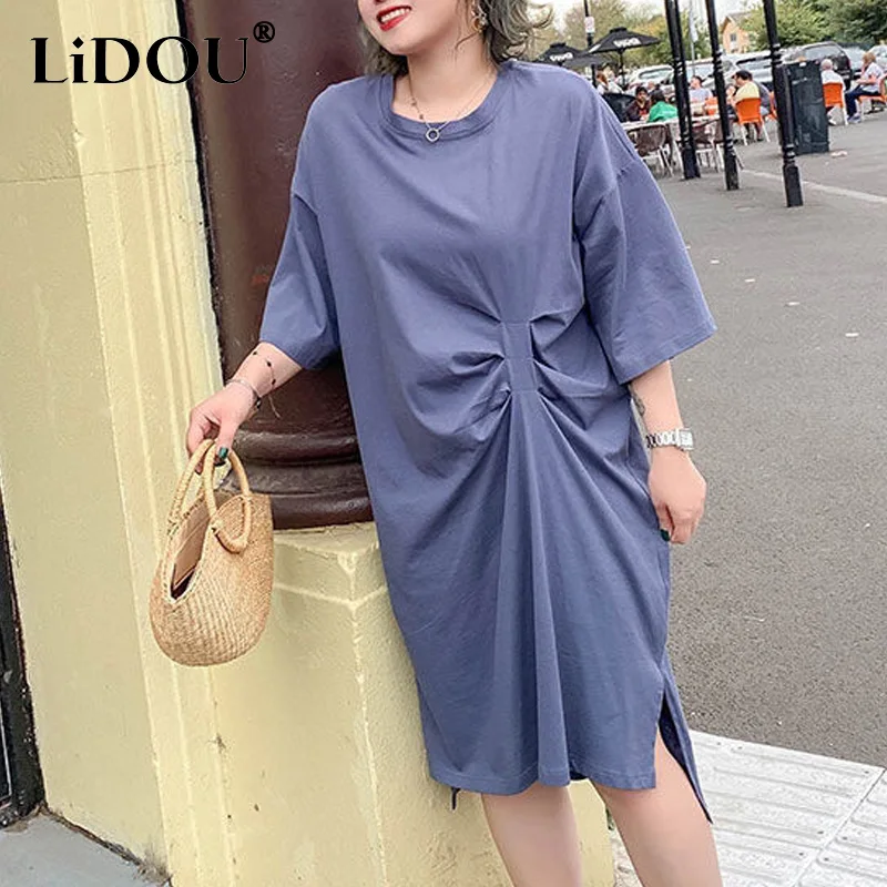 

Женское платье-футболка с круглым вырезом, свободное Плиссированное Повседневное платье с коротким рукавом и разрезом, лето-осень