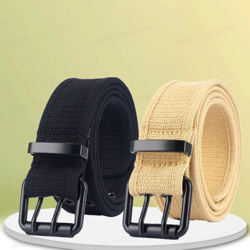 3.8cm Solid Color Canvas Belt Fashion Outdoor Wear-resistant Alloy Double Buckle Woven Belt Unisex Wholesale