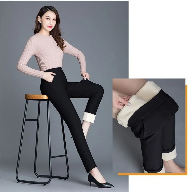 Plus Size Fit 100kg Cashmere Pants Women's Winter Thicken Stretch Warm Pencil Pants High Waist Pocket Leggings Thermal Trousers