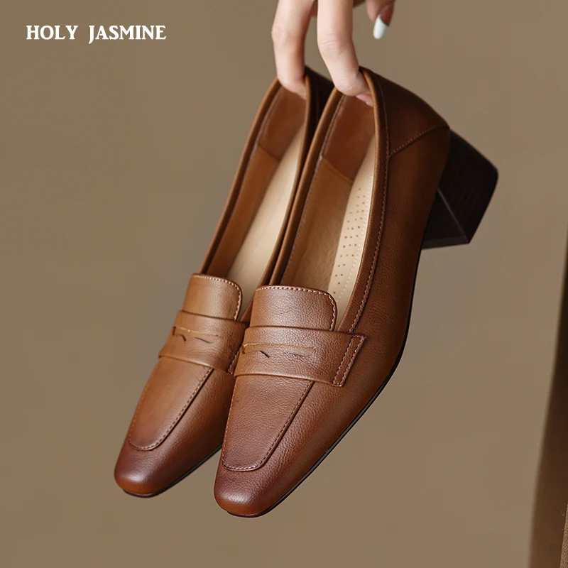 2023 Spring/Autumn Women Loafers Square Toe Chunky Heel Women Shoes NEW Genuine Leather Shoes Women Casual Retro Pumps for Women