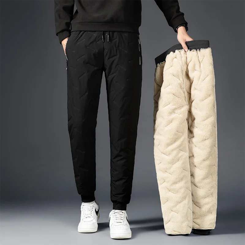 

Мужские Зимние флисовые толстые теплые спортивные брюки из овечьей шерсти, повседневные водонепроницаемые шерстяные брюки большого размера, Мужские Черные Серые брюки для бега