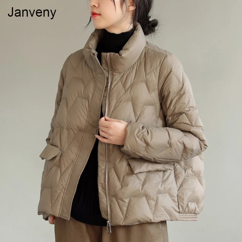 Janveny Ultra Light Down Jacket Women Winter Stand Collar Feather Puffer Coat 90% White Duck Down Parkas Solid Color Outerwear