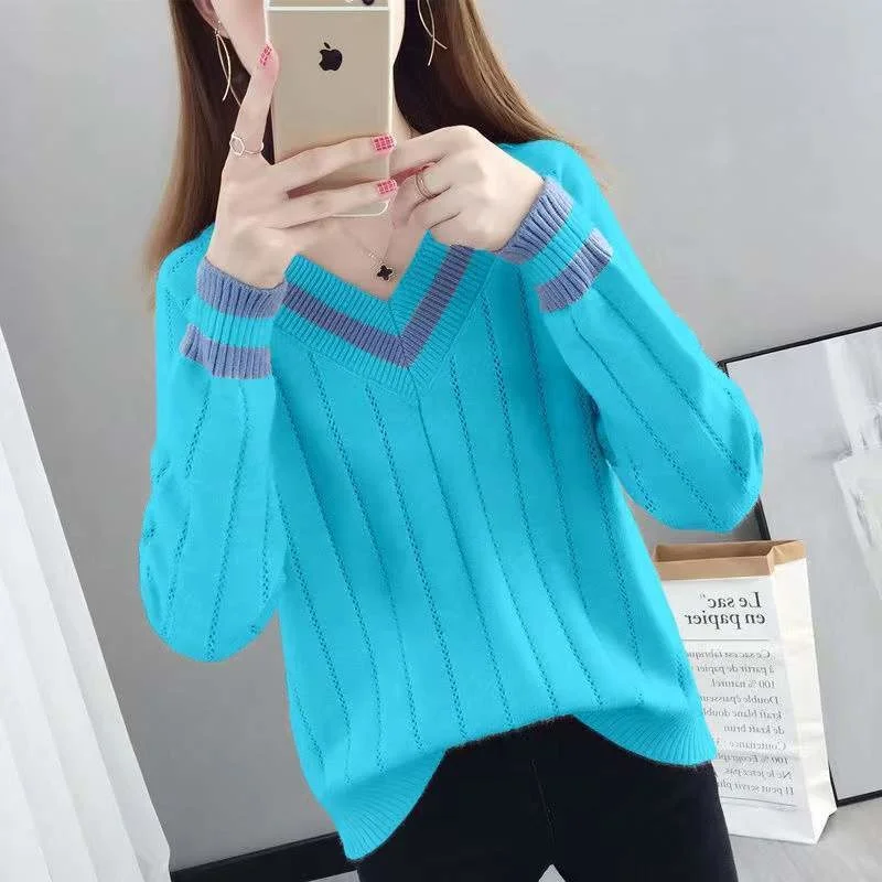 

Stylish V-Neck Knitted Spliced Loose Korean Sweater Women's Clothing 2022 Autumn New Casual Pullovers All-match Commute Tops