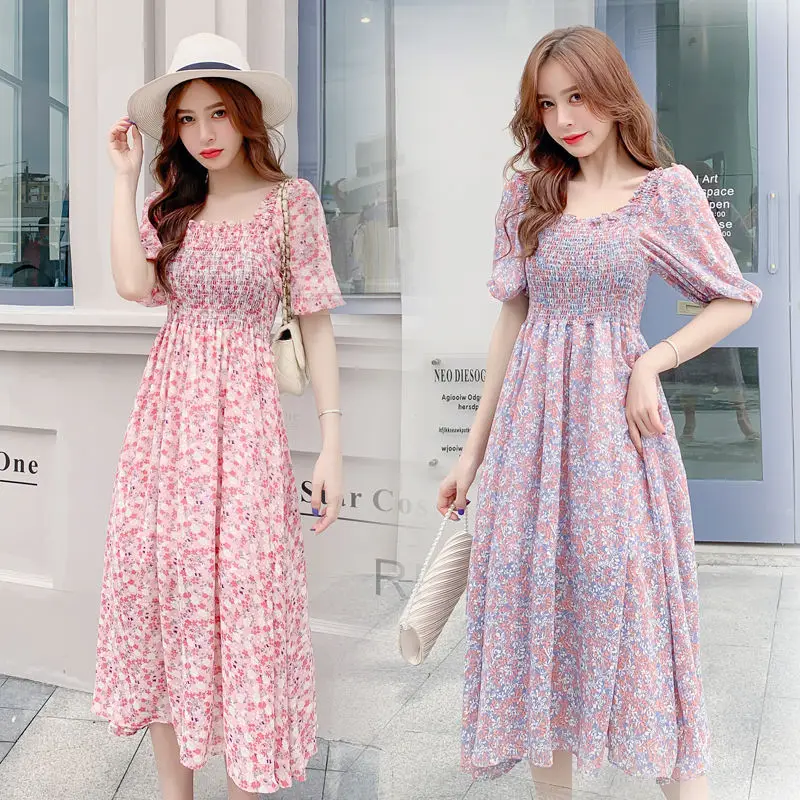 

Женское летнее Новое шифоновое платье с цветочным принтом, эластичная юбка с квадратным вырезом, 2022