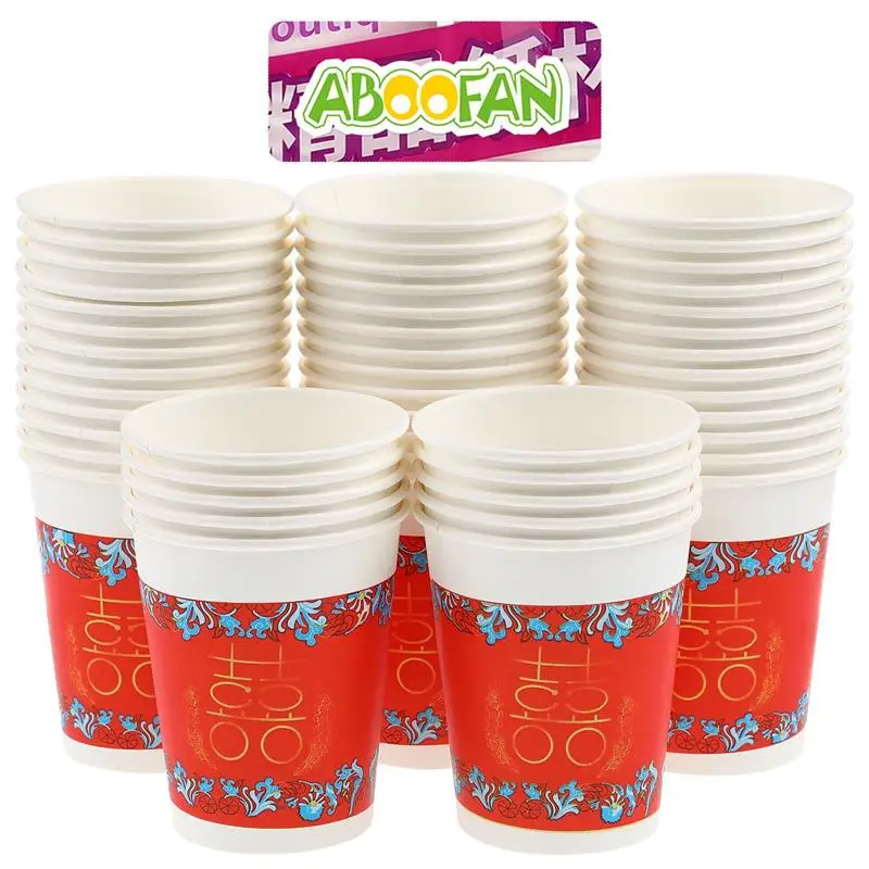 

50 Pcs Disposable Paper Cups Chinese Style Thicken Paper Mugs Beverage Drinking Cups for Wedding Party