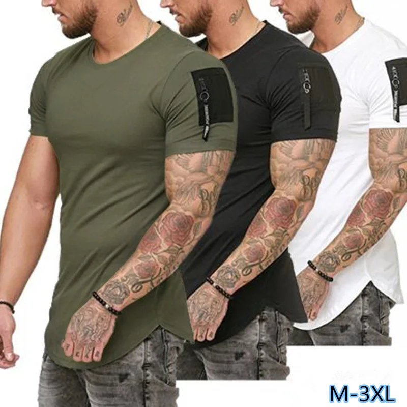

2022 Summer New Large Size Solid Color Men's Top Shoulder Personality Zipper Pocket Design Round Neck Men's Short Sleeve T-Shirt