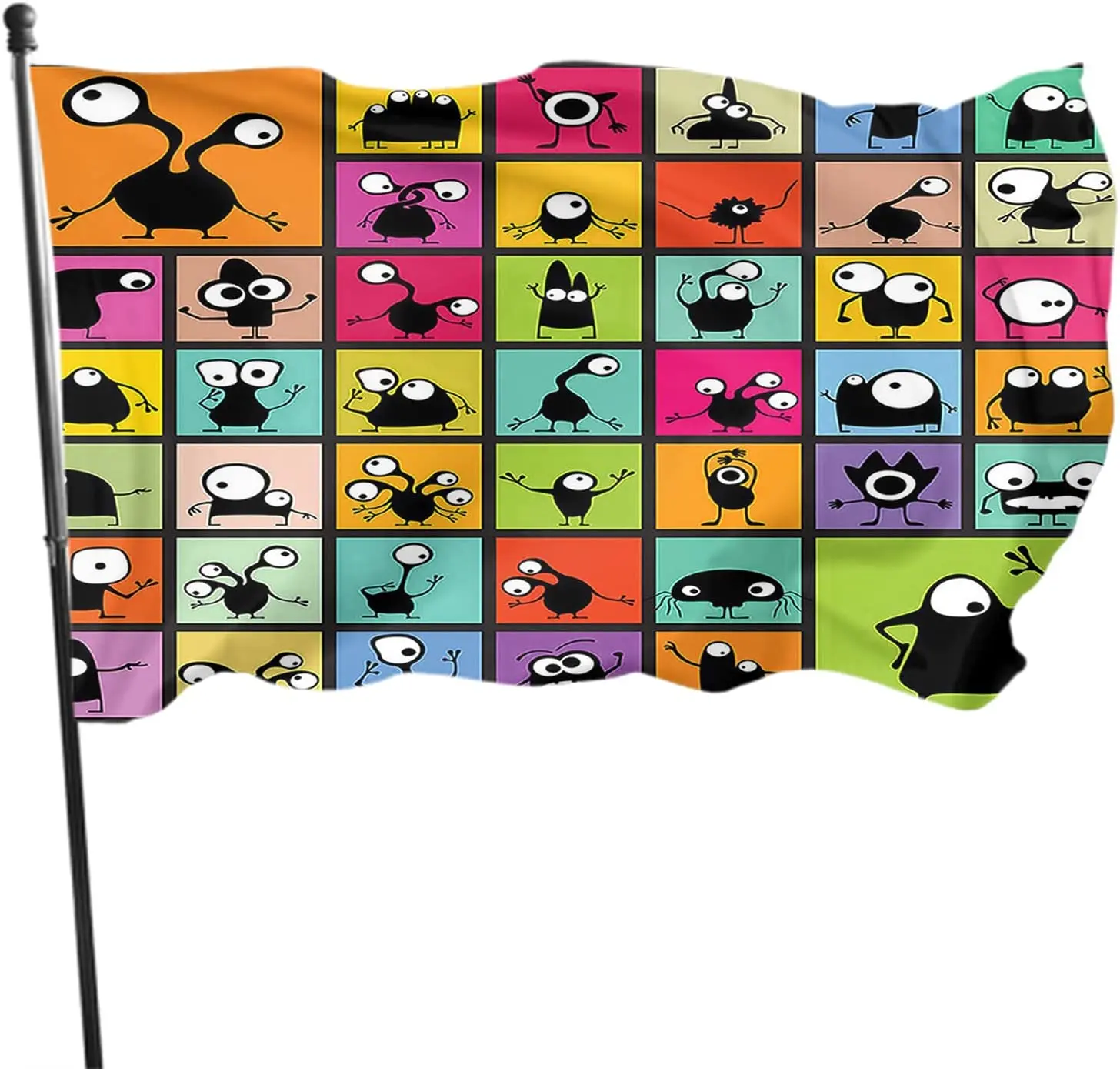 

Monster Flag Black Funny Monsters On Colorful Squares for Halloween Outdoor Flags Large Welcome Yard Banners Home Garden Yard