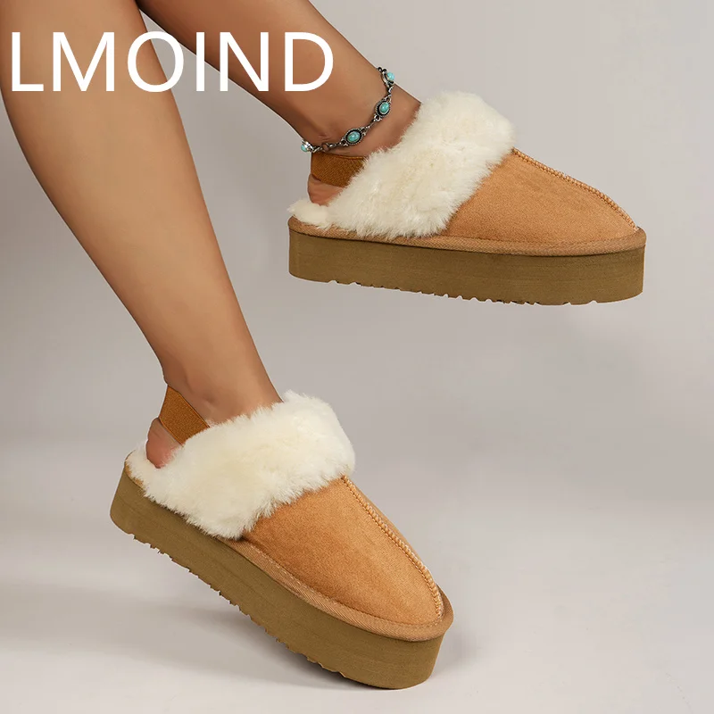 

2023 новые зимние брендовые плюшевые хлопковые искусственные замшевые мюли, модные повседневные меховые теплые шлепанцы на платформе с ремешком на пятке