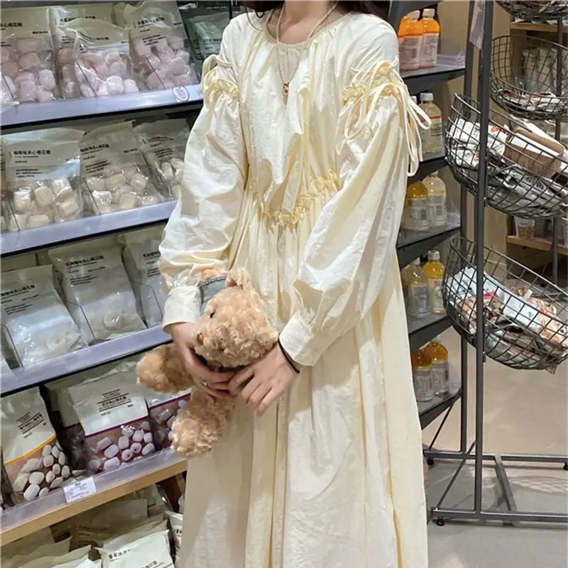 

Tender Loose Long Sleeve Dress Women Spring Sweet Mid-calf A-line Dresses Female O-neck High Waist Bow Design Streetwear Popular