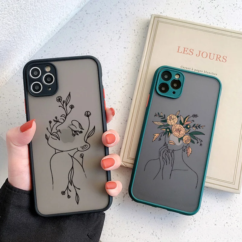 

Line Art Sketch Flower Girl Protection Phone Case For iPhone 12 11 13 Pro MAX X XS XR SE 2 6s 7 8 Plus Hard Translucent Cover