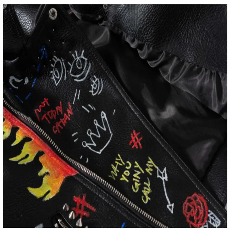 Motorcycle leather jacket women graffiti print slim long rivet bullet PU coats fashion пальто женское весна black large enlarge