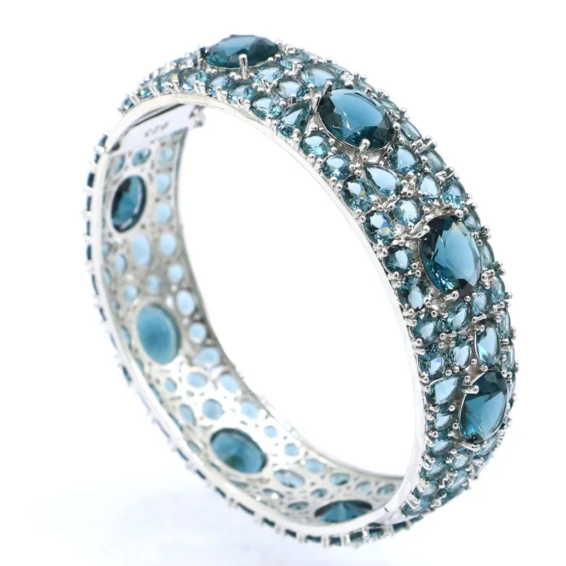 

50g 925 SOLID STERLING SILVER BRACELET Eye Catching Long Big Heavy London Blue Topaz Tanzanite Woman's Wedding