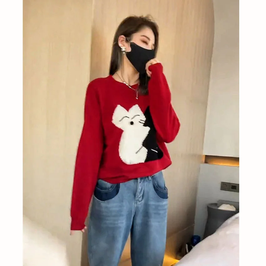 

Aging Cartoon Jacquard Warm Knit Women's Autumn and Winter 2021 New Loose Lazy Sweater