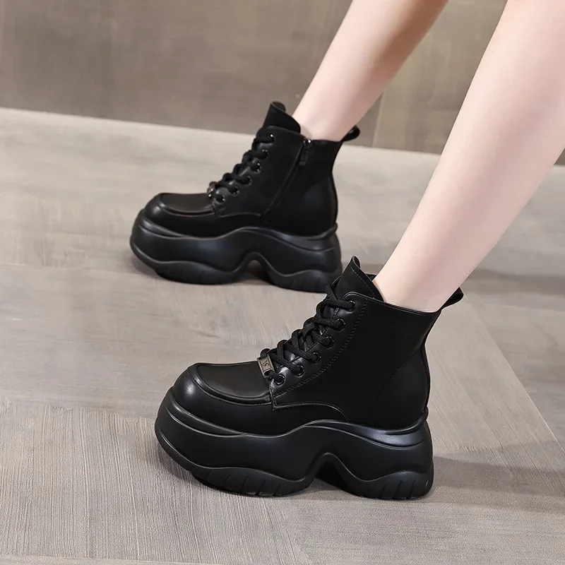 Женские сапоги на танкетке Fujin черные до колена из искусственной кожи платформе 8