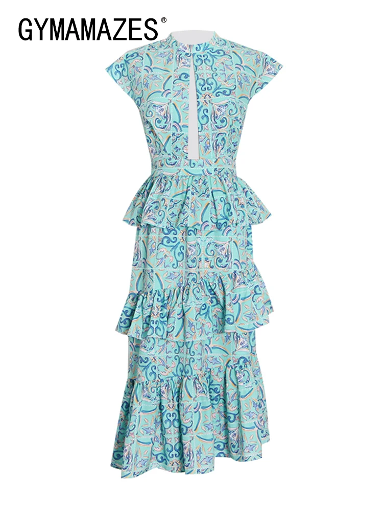 

GYMAMAZES Elegant Print Cut Out Dress For Women Stand Collar Sleeveless Colorblock Ruffle Trim Long Dresses Female Clothing 2022