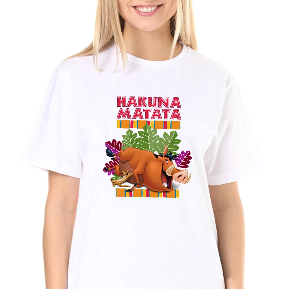 

Disney The Lion King Hakuna Matata T Shirt Women PUMBAA and TIMON Print Cute Fashion Ropa Mujer Animal Kingdom Vacation T-shirts