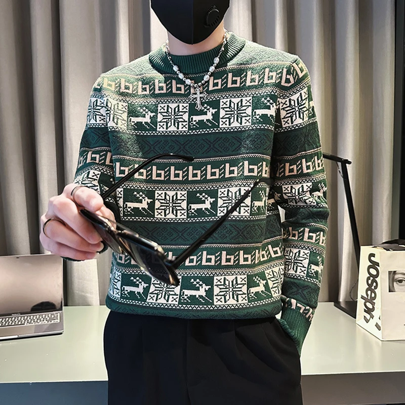 

Vintage Pattern Knitting Sweaters Men 2023 Spring Fashion Slim Long Sleeve Crew Neck Knit Pullovers Mens Casual Sweater Winter