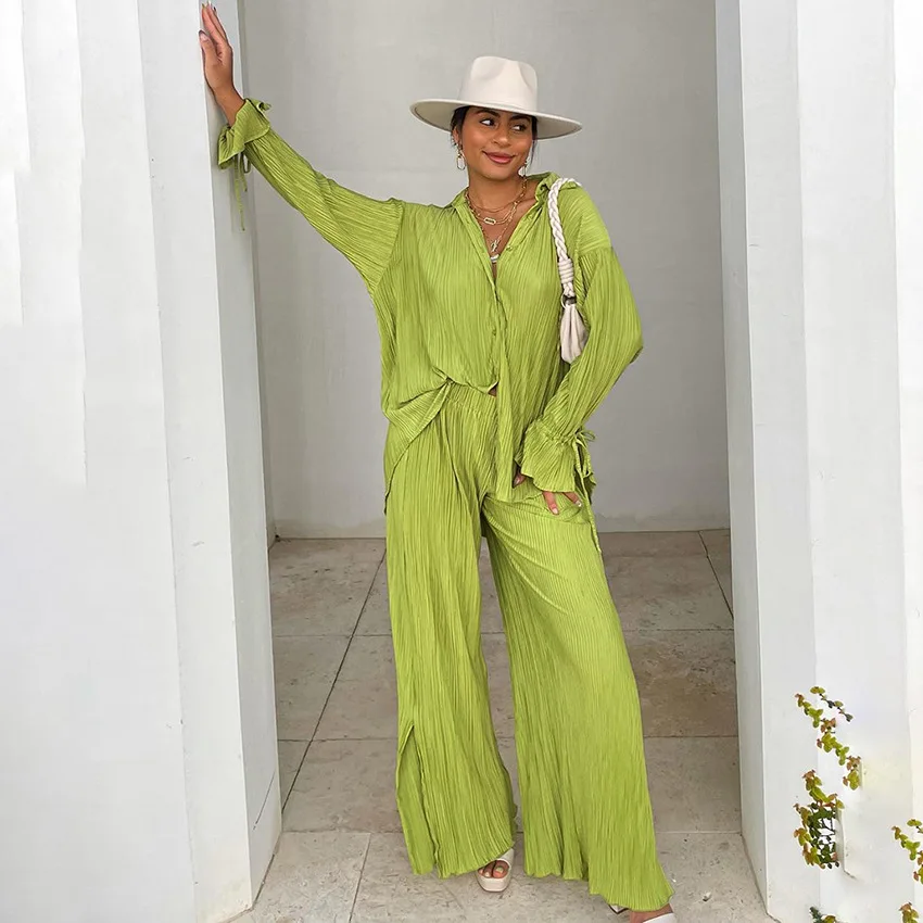 

Женский плиссированный комплект из 2 предметов, рубашка с длинным рукавом и бантом, блузка, повседневные свободные брюки с широкими штанина...