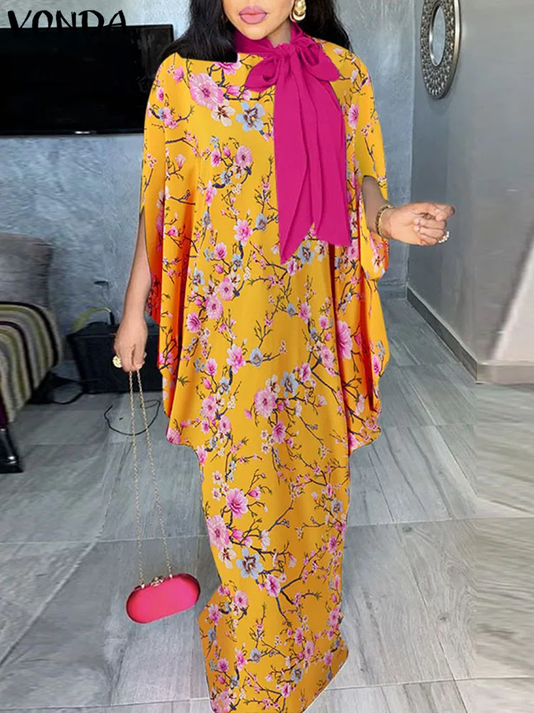 

Summer Floral Printed Long Maxi Dress VONDA 2022 Bohemian Pleated Vestido Casual Party Sundress Women 3/4 Bat Sleeve Party Robe