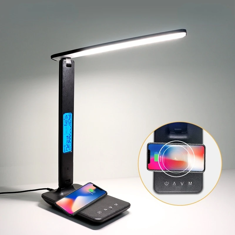 

5w Wireless Charging Qi Led Desk Lamp With Calendar Alarm Clock Temperature Eye Protect Study Business Lamp Desk Light