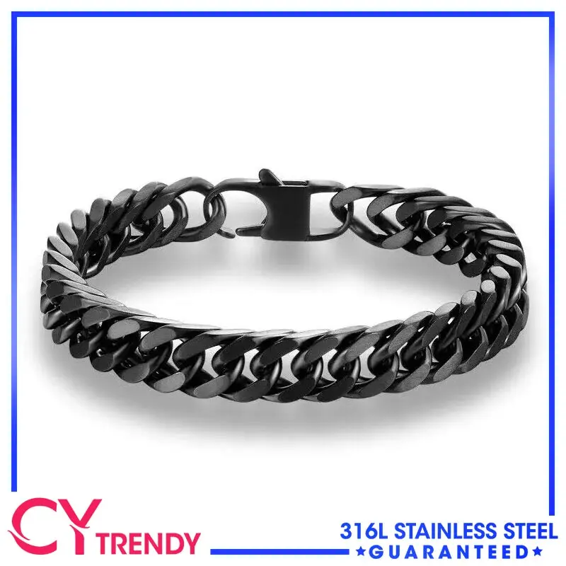 

10mm Men's Black Miami Cuban Link Curb Chain Stainless Steel Bracelets