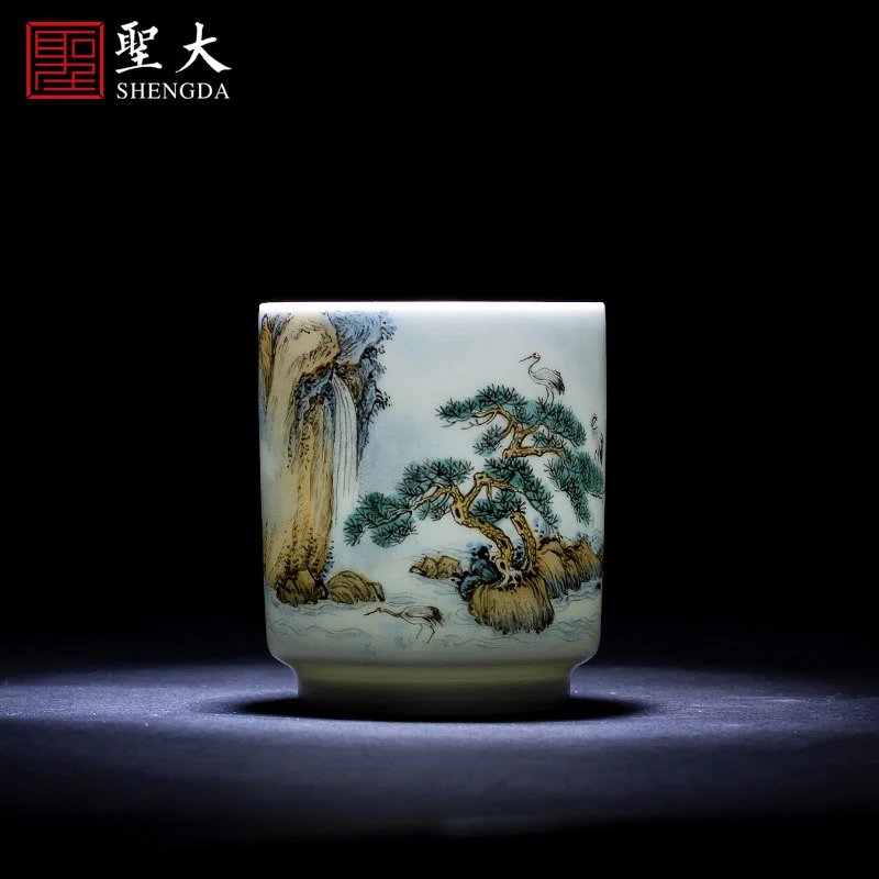 

Shengda ceramic tea cup Master Cup hand painted pastel pine crane waterfall personal cup Jingdezhen handmade tea set tea cup