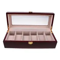 6 Slots Wine Red Solid Wooden  Box Jewelry Organizer with Glass Display Top