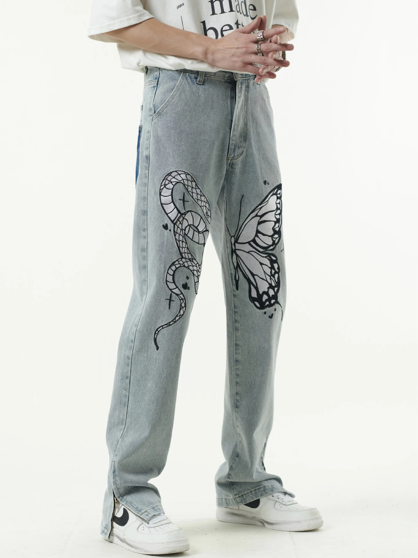 High Street Butterfly and Snake Embroidery Straight Jeans Pants Men's Ankle Zipper Retro Pockets Loose Denim Trousers Hip Hop