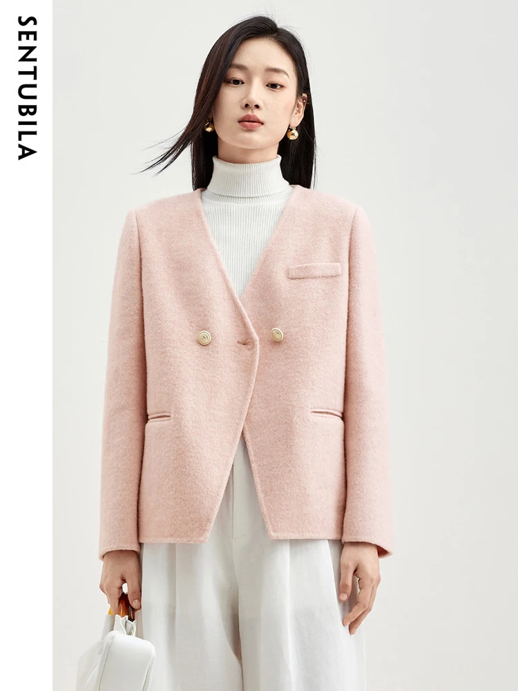 

Sentubila Autumn Winter Wool Double Sided Woolen Coat for Women 2023 Elegant Mid Length V Neck Warm Woolen Jacket Top W34O50152