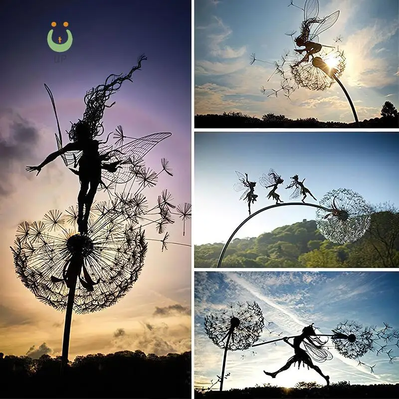 

Garden Decorative Fairies And Dandelions Dance Metal Garden Yard Art Decor Lawn Sculpture Decor