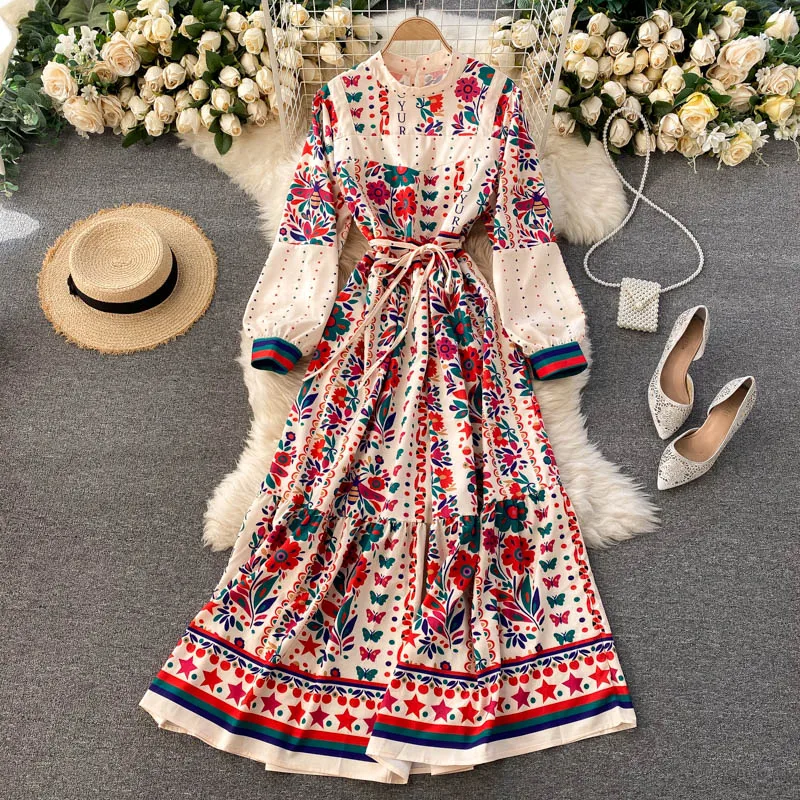 

SuperAen 2022 New Autumn Winter O Neck Slim Retro Printing A-LINE Casual Dresses for Women