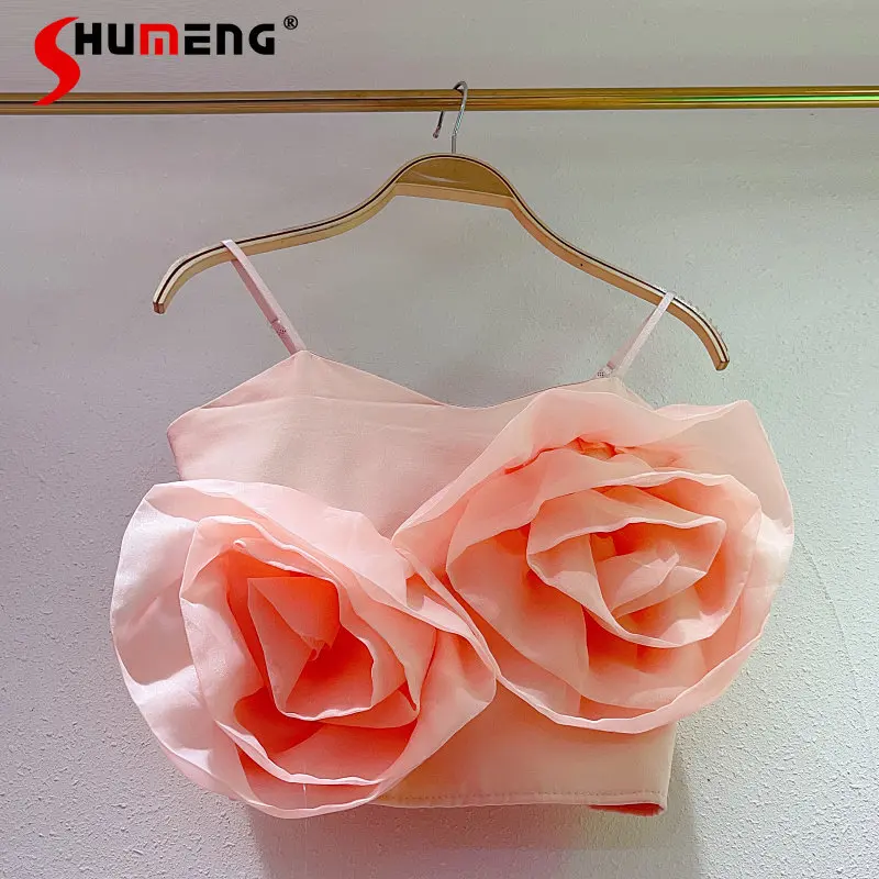 

Summer 2023 New Niche Design Off-Shoulder Rose Flower Stitching Sleeveless Sling Organza Strappy Chiffon Outer Wear Crop Tops
