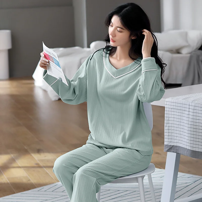 Casual Cotton Homewear Women's Pajamas Spring Stripe Neck Sleepwear Set Women Solid color Pajama Set Full Sleeve Shirt Pant