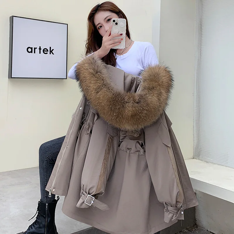 New Winter Jacket Women 2022 Rex Rabbit Fur Liner Detachable Cotton Coats Hooded Long Thick Warm Padded Parkas Famale Clothing