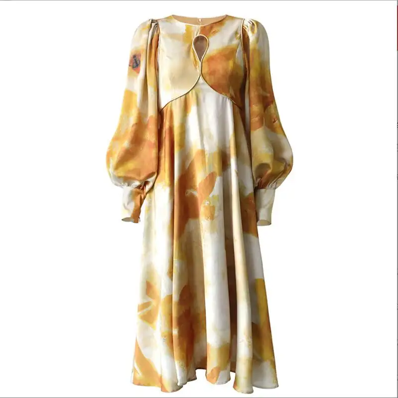 

Hollow Out Elegant Dresses For Women 2022 New Print Design Full Sleeve Casual Midi Dress Female Clothing w406