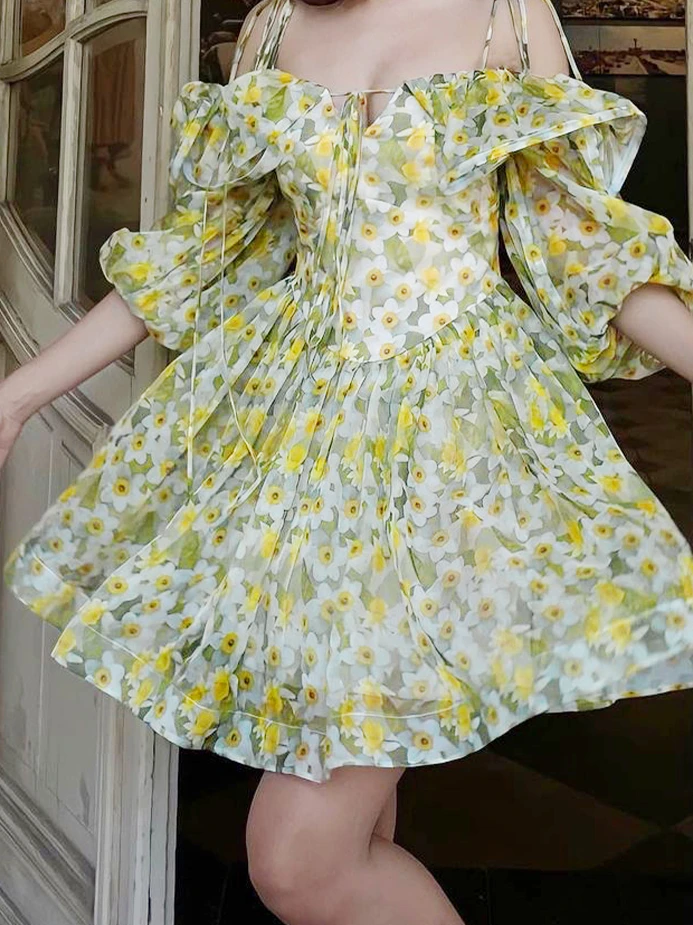 

Женское ТРАПЕЦИЕВИДНОЕ ПЛАТЬЕ во французском стиле, винтажное праздничное милое мини-платье с рукавами-фонариками и цветочным принтом, лет...