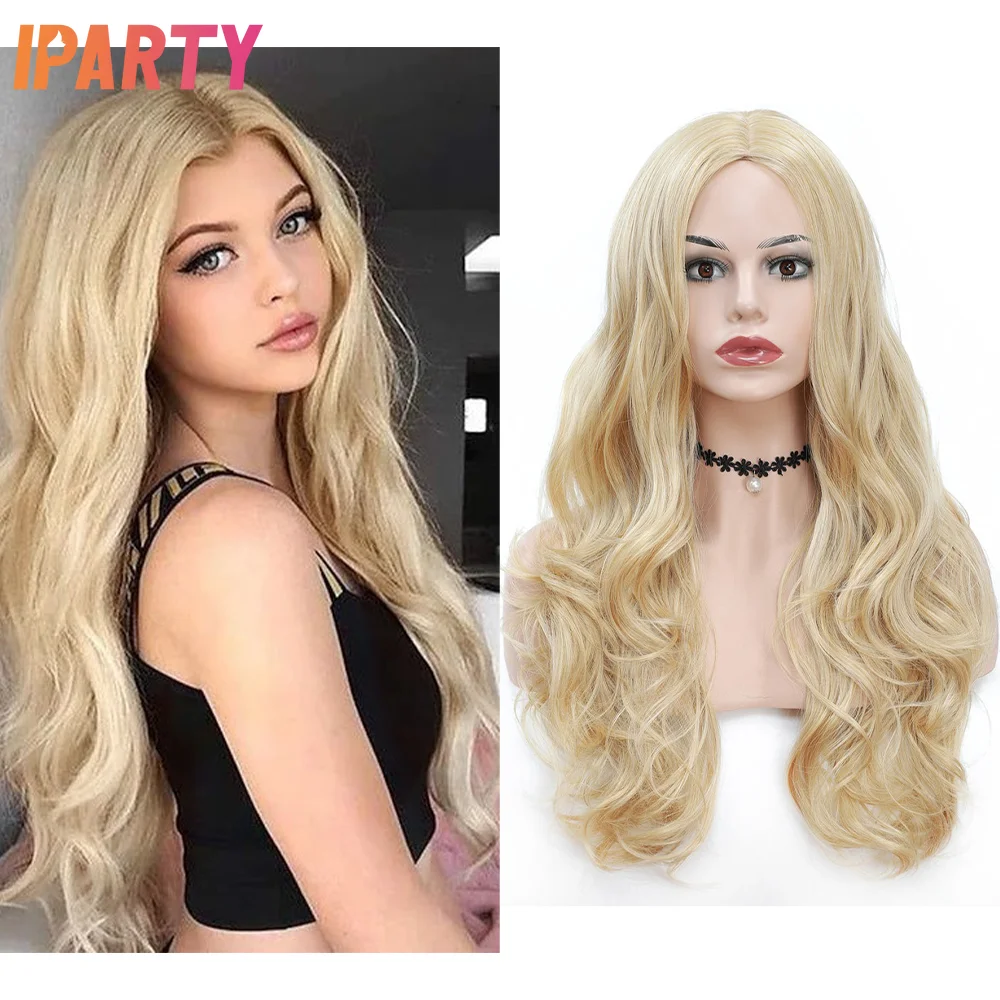 

Iparty Blonde Color Synthetic Machine Wig 24 Inches Middle Part Long Wavy Wigs For Women Heat Resistant Fibers Multi Color Daily