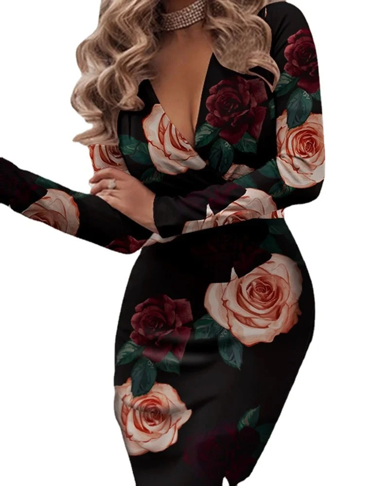 

2023 Autumn/Winter Sexy Long Sleeve V-Neck Wrapped Hip Printed Dress for Women
