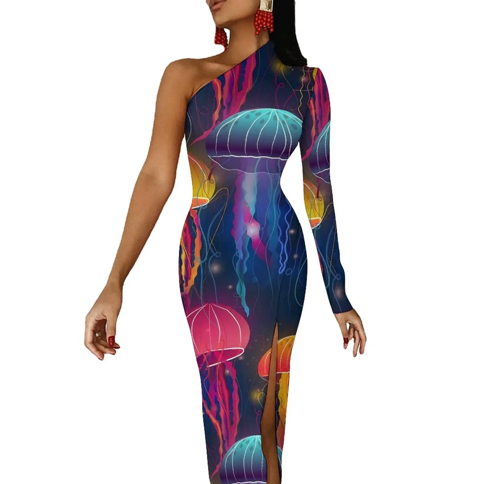 

Женское длинное платье на одно плечо, с ярким принтом