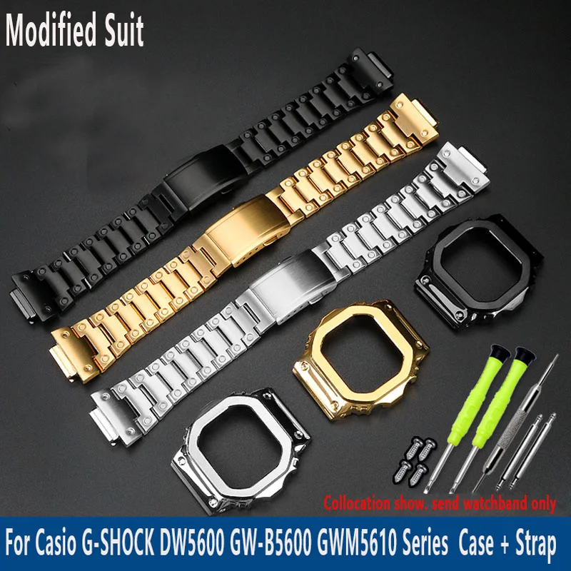 

New Modified Suit For Casio G-SHOCK DW5600 GW-B5600 GWM5610 Series Stainless steel metal Bezel watch case + strap Repair Tool