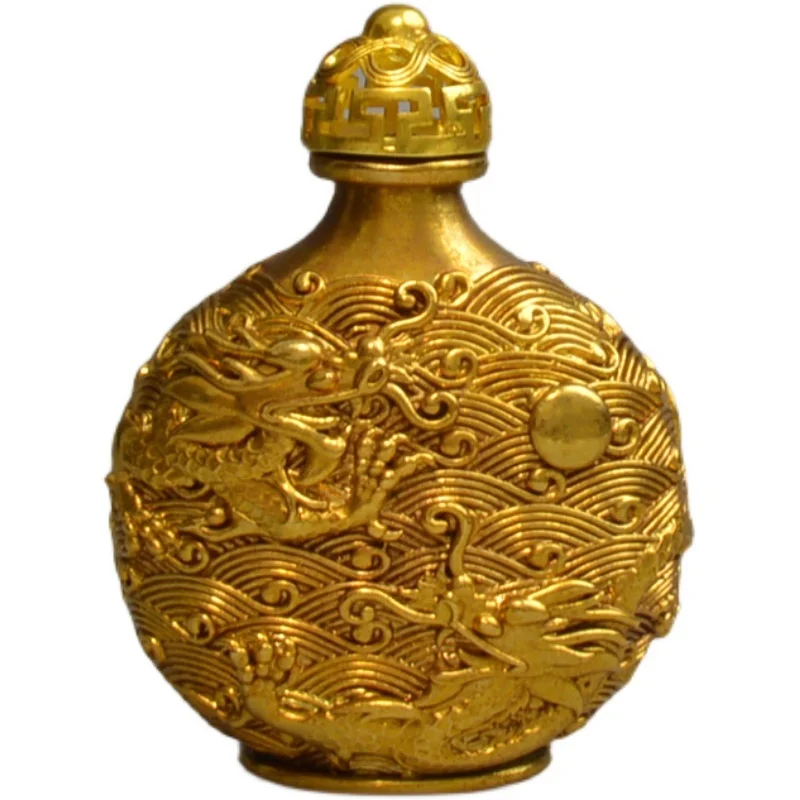 

Antique Collection Ancient Smoking Set Snuff Bottle Water Playing Double Dragon Pattern Brass Gilding Snuff Bottle